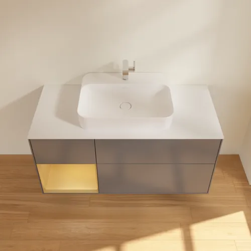 Bild von VILLEROY BOCH Finion Waschbeckenunterschrank, mit Beleuchtung, 3 Auszüge, 1200 x 603 x 501 mm, Anthracite Matt Lacquer / Gold Matt Lacquer / Glass White Matt #F411HFGK
