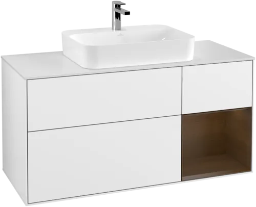 Bild von VILLEROY BOCH Finion Waschbeckenunterschrank, mit Beleuchtung, 3 Auszüge, 1200 x 603 x 501 mm, Glossy White Lacquer / Walnut Veneer / Glass White Matt #F421GNGF