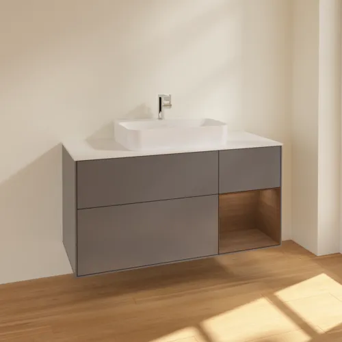 Bild von VILLEROY BOCH Finion Waschbeckenunterschrank, mit Beleuchtung, 3 Auszüge, 1200 x 603 x 501 mm, Anthracite Matt Lacquer / Walnut Veneer / Glass White Matt #F421GNGK