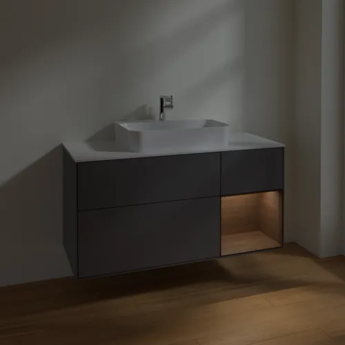Bild von VILLEROY BOCH Finion Waschbeckenunterschrank, mit Beleuchtung, 3 Auszüge, 1200 x 603 x 501 mm, Anthracite Matt Lacquer / Walnut Veneer / Glass White Matt #F421GNGK