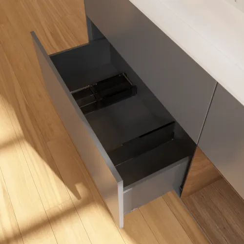 Bild von VILLEROY BOCH Finion Waschbeckenunterschrank, mit Beleuchtung, 3 Auszüge, 1200 x 603 x 501 mm, Anthracite Matt Lacquer / Walnut Veneer / Glass White Matt #F421GNGK