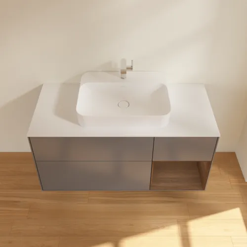 Bild von VILLEROY BOCH Finion Waschbeckenunterschrank, mit Beleuchtung, 3 Auszüge, 1200 x 603 x 501 mm, Anthracite Matt Lacquer / Walnut Veneer / Glass White Matt #F421GNGK