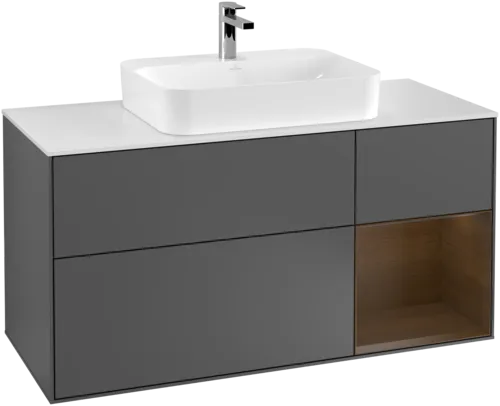 Bild von VILLEROY BOCH Finion Waschbeckenunterschrank, mit Beleuchtung, 3 Auszüge, 1200 x 603 x 501 mm, Anthracite Matt Lacquer / Walnut Veneer / Glass White Matt #F421GNGK