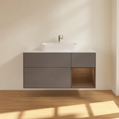 Bild von VILLEROY BOCH Finion Waschbeckenunterschrank, mit Beleuchtung, 3 Auszüge, 1200 x 603 x 501 mm, Anthracite Matt Lacquer / Walnut Veneer / Glass White Matt #F421GNGK