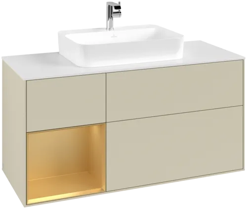 Obrázek VILLEROY BOCH Toaletní skříňka Finion, s osvětlením, 3 výsuvy, 1200 x 603 x 501 mm, Silk Grey Matt Lacquer / Gold Matt Lacquer / Glass White Matt #F411HFHJ