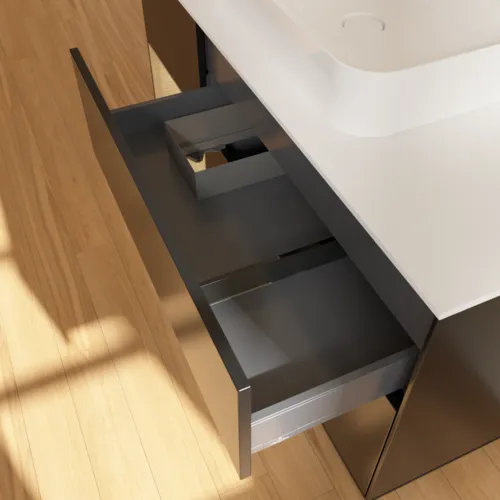 Obrázek VILLEROY BOCH Toaletní skříňka Finion, s osvětlením, 3 výsuvy, 1200 x 603 x 501 mm, černý matný lak / dubová dýha / sklo bílé matné #F411PCPD