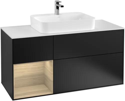 Bild von VILLEROY BOCH Finion Waschbeckenunterschrank, mit Beleuchtung, 3 Auszüge, 1200 x 603 x 501 mm, Black Matt Lacquer / Oak Veneer / Glass White Matt #F411PCPD
