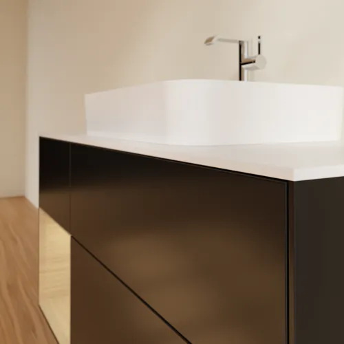 Obrázek VILLEROY BOCH Toaletní skříňka Finion, s osvětlením, 3 výsuvy, 1200 x 603 x 501 mm, černý matný lak / dubová dýha / sklo bílé matné #F411PCPD