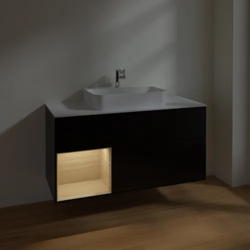 Obrázek VILLEROY BOCH Toaletní skříňka Finion, s osvětlením, 3 výsuvy, 1200 x 603 x 501 mm, černý matný lak / dubová dýha / sklo bílé matné #F411PCPD