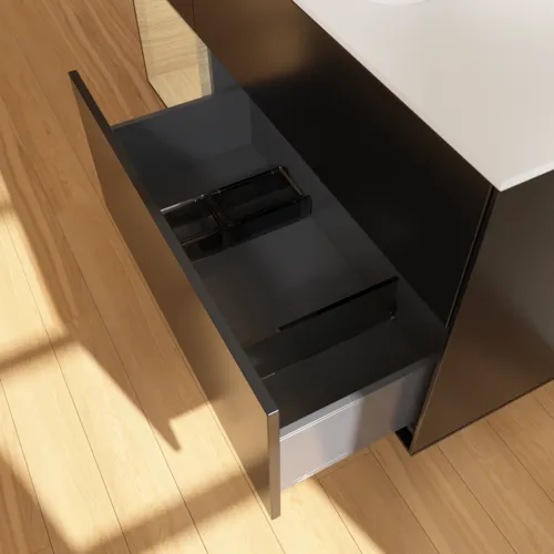 Obrázek VILLEROY BOCH Toaletní skříňka Finion, s osvětlením, 3 výsuvy, 1200 x 603 x 501 mm, černý matný lak / dubová dýha / sklo bílé matné #F411PCPD