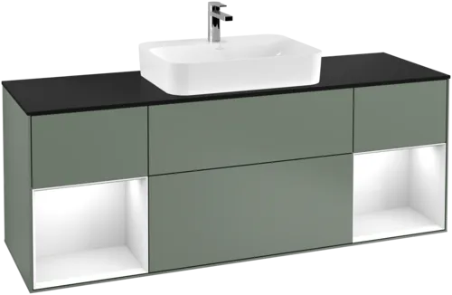 Bild von VILLEROY BOCH Finion Waschbeckenunterschrank, mit Beleuchtung, 4 Auszüge, 1600 x 603 x 501 mm, Olive Matt Lacquer / Glossy White Lacquer / Glass Black Matt #F452GFGM