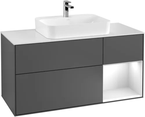 Bild von VILLEROY BOCH Finion Waschbeckenunterschrank, mit Beleuchtung, 3 Auszüge, 1200 x 603 x 501 mm, Anthracite Matt Lacquer / White Matt Lacquer / Glass White Matt #G421MTGK