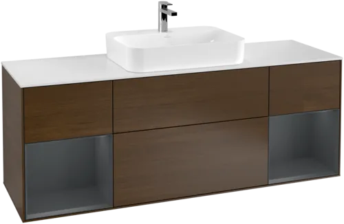 Bild von VILLEROY BOCH Finion Waschbeckenunterschrank, mit Beleuchtung, 4 Auszüge, 1600 x 603 x 501 mm, Walnut Veneer / Midnight Blue Matt Lacquer / Glass White Matt #F451HGGN