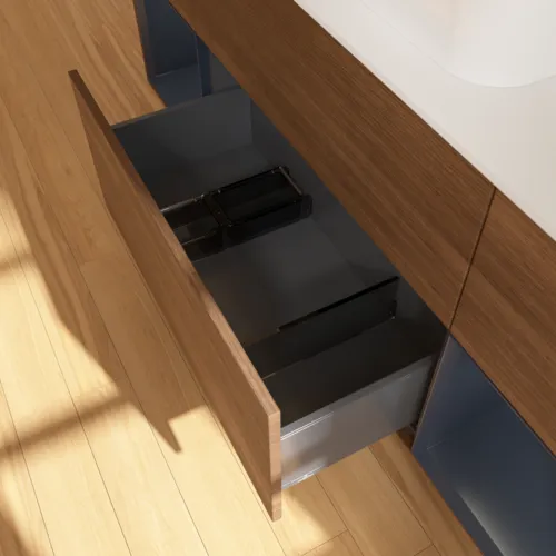 Bild von VILLEROY BOCH Finion Waschbeckenunterschrank, mit Beleuchtung, 4 Auszüge, 1600 x 603 x 501 mm, Walnut Veneer / Midnight Blue Matt Lacquer / Glass White Matt #F451HGGN