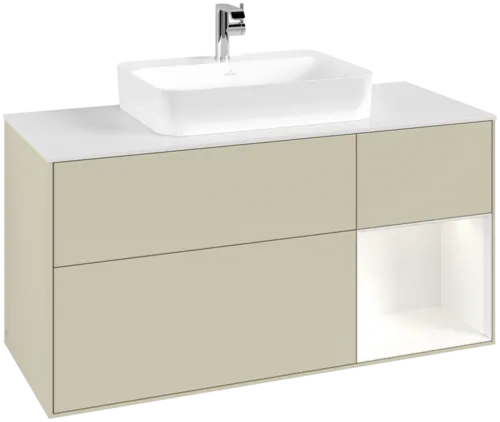 Bild von VILLEROY BOCH Finion Waschbeckenunterschrank, mit Beleuchtung, 3 Auszüge, 1200 x 603 x 501 mm, Silk Grey Matt Lacquer / White Matt Lacquer / Glass White Matt #F421MTHJ