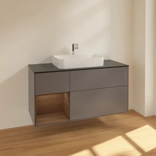 Bild von VILLEROY BOCH Finion Waschbeckenunterschrank, mit Beleuchtung, 3 Auszüge, 1200 x 603 x 501 mm, Anthracite Matt Lacquer / Walnut Veneer / Glass Black Matt #F412GNGK