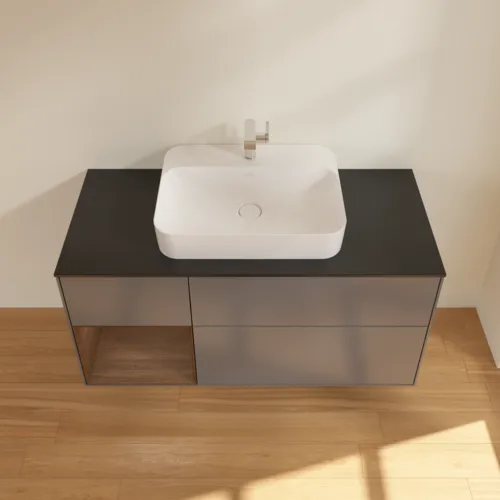 Bild von VILLEROY BOCH Finion Waschbeckenunterschrank, mit Beleuchtung, 3 Auszüge, 1200 x 603 x 501 mm, Anthracite Matt Lacquer / Walnut Veneer / Glass Black Matt #F412GNGK