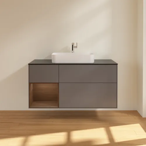Bild von VILLEROY BOCH Finion Waschbeckenunterschrank, mit Beleuchtung, 3 Auszüge, 1200 x 603 x 501 mm, Anthracite Matt Lacquer / Walnut Veneer / Glass Black Matt #F412GNGK