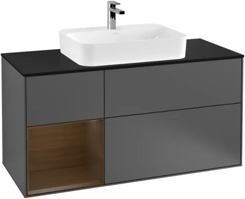 Bild von VILLEROY BOCH Finion Waschbeckenunterschrank, mit Beleuchtung, 3 Auszüge, 1200 x 603 x 501 mm, Anthracite Matt Lacquer / Walnut Veneer / Glass Black Matt #F412GNGK