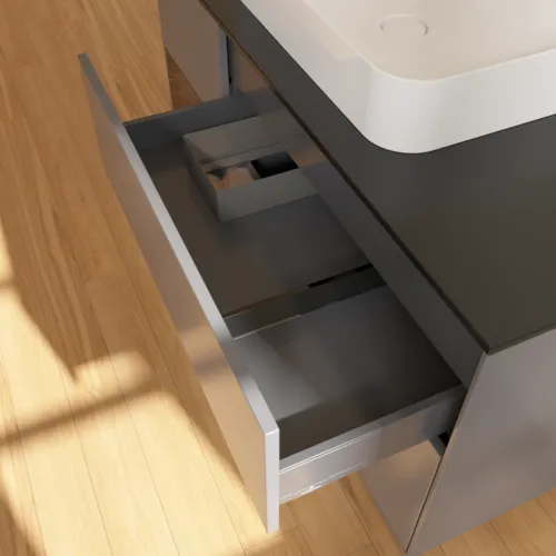 Bild von VILLEROY BOCH Finion Waschbeckenunterschrank, mit Beleuchtung, 3 Auszüge, 1200 x 603 x 501 mm, Anthracite Matt Lacquer / Walnut Veneer / Glass Black Matt #F412GNGK