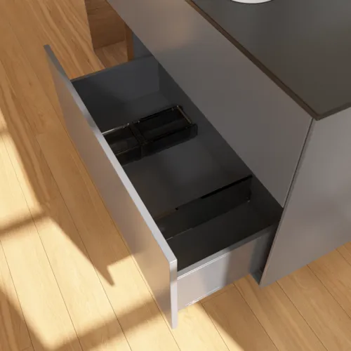 Bild von VILLEROY BOCH Finion Waschbeckenunterschrank, mit Beleuchtung, 3 Auszüge, 1200 x 603 x 501 mm, Anthracite Matt Lacquer / Walnut Veneer / Glass Black Matt #F412GNGK