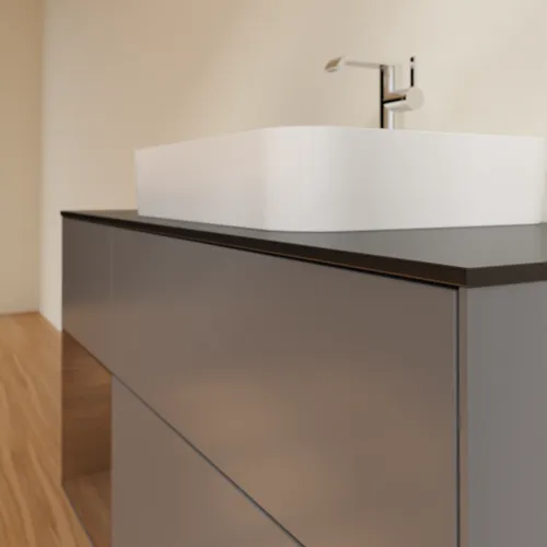 Bild von VILLEROY BOCH Finion Waschbeckenunterschrank, mit Beleuchtung, 3 Auszüge, 1200 x 603 x 501 mm, Anthracite Matt Lacquer / Walnut Veneer / Glass Black Matt #F412GNGK