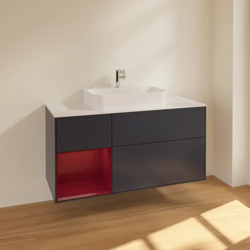 Bild von VILLEROY BOCH Finion Waschbeckenunterschrank, mit Beleuchtung, 3 Auszüge, 1200 x 603 x 501 mm, Midnight Blue Matt Lacquer / Peony Matt Lacquer / Glass White Matt #F411HBHG