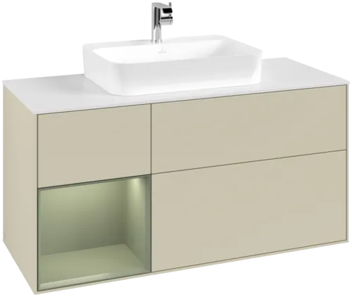 Bild von VILLEROY BOCH Finion Waschbeckenunterschrank, mit Beleuchtung, 3 Auszüge, 1200 x 603 x 501 mm, Silk Grey Matt Lacquer / Olive Matt Lacquer / Glass White Matt #F411GMHJ
