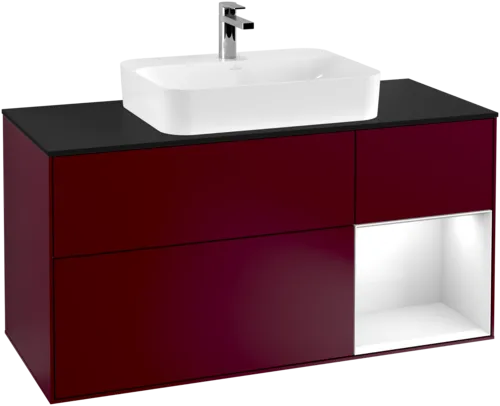 Bild von VILLEROY BOCH Finion Waschbeckenunterschrank, mit Beleuchtung, 3 Auszüge, 1200 x 603 x 501 mm, Peony Matt Lacquer / Glossy White Lacquer / Glass Black Matt #F422GFHB