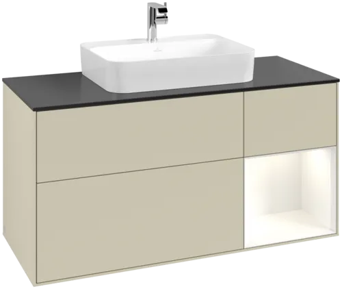 Bild von VILLEROY BOCH Finion Waschbeckenunterschrank, mit Beleuchtung, 3 Auszüge, 1200 x 603 x 501 mm, Silk Grey Matt Lacquer / Glossy White Lacquer / Glass Black Matt #F422GFHJ