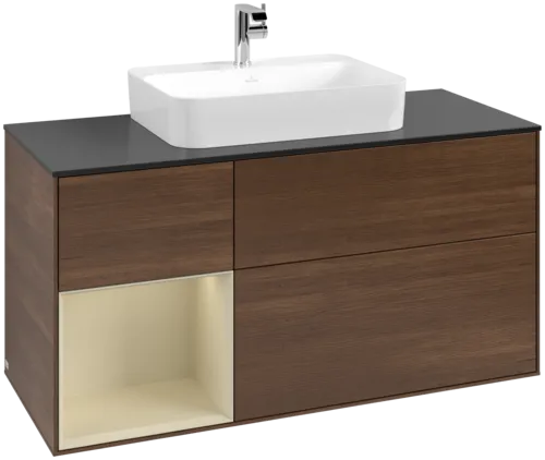 Bild von VILLEROY BOCH Finion Waschbeckenunterschrank, mit Beleuchtung, 3 Auszüge, 1200 x 603 x 501 mm, Walnut Veneer / Silk Grey Matt Lacquer / Glass Black Matt #F412HJGN