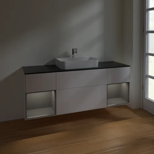 Obrázek VILLEROY BOCH Toaletní skříňka Finion, s osvětlením, 4 výsuvy, 1600 x 603 x 501 mm, bílý matný lak / antracitový matný lak / černé matné sklo #F452GKMT