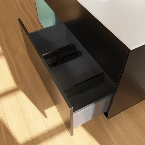 Obrázek VILLEROY BOCH Toaletní skříňka Finion, s osvětlením, 3 výsuvy, 1200 x 603 x 501 mm, černý matný lak / olivový matný lak / bílé matné sklo #F411GMPD