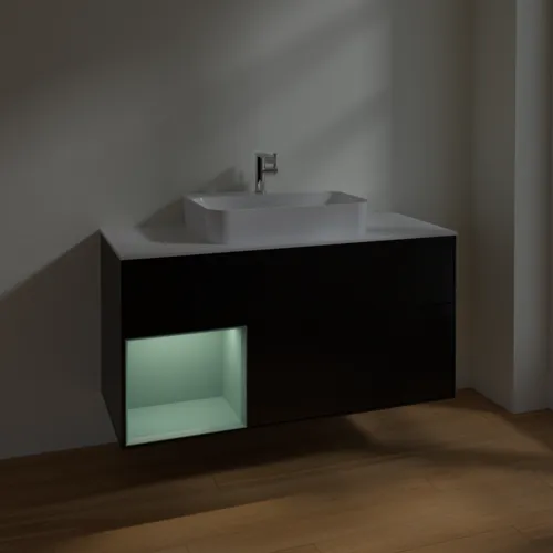 Obrázek VILLEROY BOCH Toaletní skříňka Finion, s osvětlením, 3 výsuvy, 1200 x 603 x 501 mm, černý matný lak / olivový matný lak / bílé matné sklo #F411GMPD