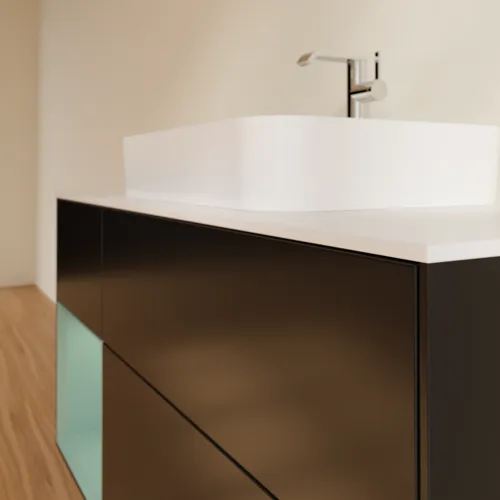 Obrázek VILLEROY BOCH Toaletní skříňka Finion, s osvětlením, 3 výsuvy, 1200 x 603 x 501 mm, černý matný lak / olivový matný lak / bílé matné sklo #F411GMPD