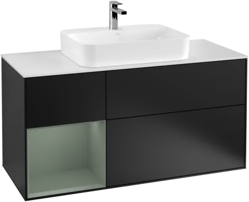 Bild von VILLEROY BOCH Finion Waschbeckenunterschrank, mit Beleuchtung, 3 Auszüge, 1200 x 603 x 501 mm, Black Matt Lacquer / Olive Matt Lacquer / Glass White Matt #F411GMPD