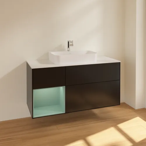 Obrázek VILLEROY BOCH Toaletní skříňka Finion, s osvětlením, 3 výsuvy, 1200 x 603 x 501 mm, černý matný lak / olivový matný lak / bílé matné sklo #F411GMPD