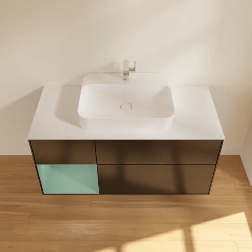 Obrázek VILLEROY BOCH Toaletní skříňka Finion, s osvětlením, 3 výsuvy, 1200 x 603 x 501 mm, černý matný lak / olivový matný lak / bílé matné sklo #F411GMPD