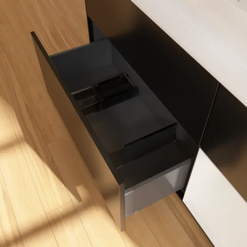 Bild von VILLEROY BOCH Finion Waschbeckenunterschrank, mit Beleuchtung, 3 Auszüge, 1200 x 603 x 501 mm, Black Matt Lacquer / Glossy White Lacquer / Glass White Matt #F421GFPD