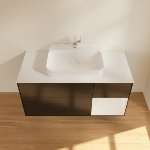 Bild von VILLEROY BOCH Finion Waschbeckenunterschrank, mit Beleuchtung, 3 Auszüge, 1200 x 603 x 501 mm, Black Matt Lacquer / Glossy White Lacquer / Glass White Matt #F421GFPD