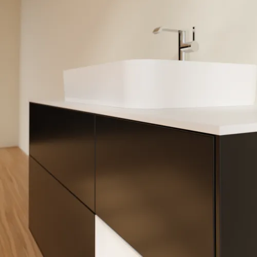 Bild von VILLEROY BOCH Finion Waschbeckenunterschrank, mit Beleuchtung, 3 Auszüge, 1200 x 603 x 501 mm, Black Matt Lacquer / Glossy White Lacquer / Glass White Matt #F421GFPD