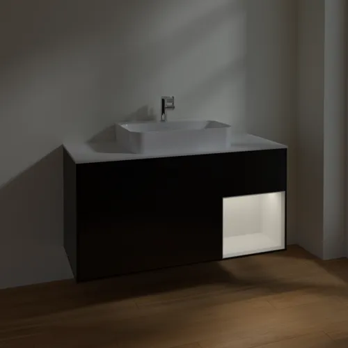 Bild von VILLEROY BOCH Finion Waschbeckenunterschrank, mit Beleuchtung, 3 Auszüge, 1200 x 603 x 501 mm, Black Matt Lacquer / Glossy White Lacquer / Glass White Matt #F421GFPD
