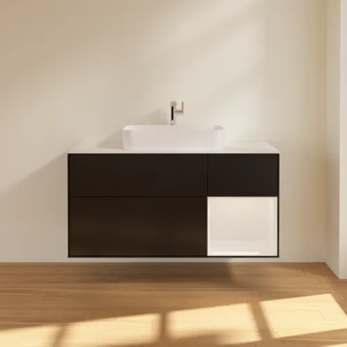 Bild von VILLEROY BOCH Finion Waschbeckenunterschrank, mit Beleuchtung, 3 Auszüge, 1200 x 603 x 501 mm, Black Matt Lacquer / Glossy White Lacquer / Glass White Matt #F421GFPD