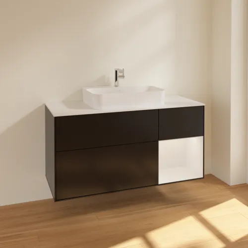 Bild von VILLEROY BOCH Finion Waschbeckenunterschrank, mit Beleuchtung, 3 Auszüge, 1200 x 603 x 501 mm, Black Matt Lacquer / Glossy White Lacquer / Glass White Matt #F421GFPD