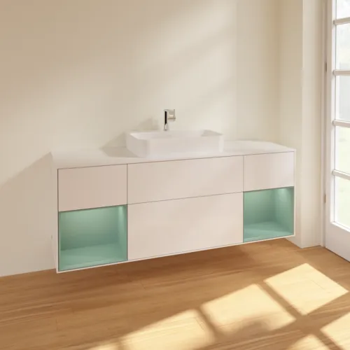 Obrázek VILLEROY BOCH Toaletní skříňka Finion, s osvětlením, 4 výsuvy, 1600 x 603 x 501 mm, lesklý bílý lak / olivově matný lak / sklo bílé matné #F451GMGF