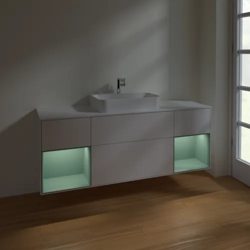 Obrázek VILLEROY BOCH Toaletní skříňka Finion, s osvětlením, 4 výsuvy, 1600 x 603 x 501 mm, lesklý bílý lak / olivově matný lak / sklo bílé matné #F451GMGF