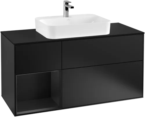 Obrázek VILLEROY BOCH Toaletní skříňka Finion, s osvětlením, 3 výsuvy, 1200 x 603 x 501 mm, černý matný lak / černý matný lak / černé matné sklo #F412PDPD
