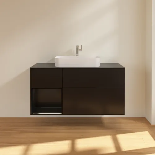 Bild von VILLEROY BOCH Finion Waschbeckenunterschrank, mit Beleuchtung, 3 Auszüge, 1200 x 603 x 501 mm, Black Matt Lacquer / Black Matt Lacquer / Glass Black Matt #F412PDPD