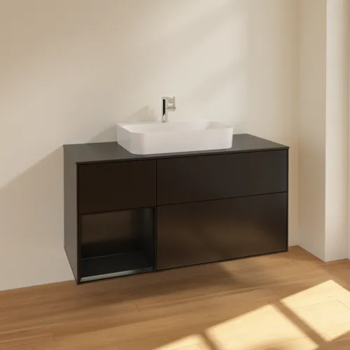 Bild von VILLEROY BOCH Finion Waschbeckenunterschrank, mit Beleuchtung, 3 Auszüge, 1200 x 603 x 501 mm, Black Matt Lacquer / Black Matt Lacquer / Glass Black Matt #F412PDPD