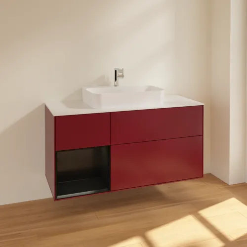 Picture of VILLEROY BOCH Finion Vanity unit, with lighting, 3 pull-out compartments, 1200 x 603 x 501 mm, Peony Matt Lacquer / Black Matt Lacquer / Glass White Matt #F411PDHB